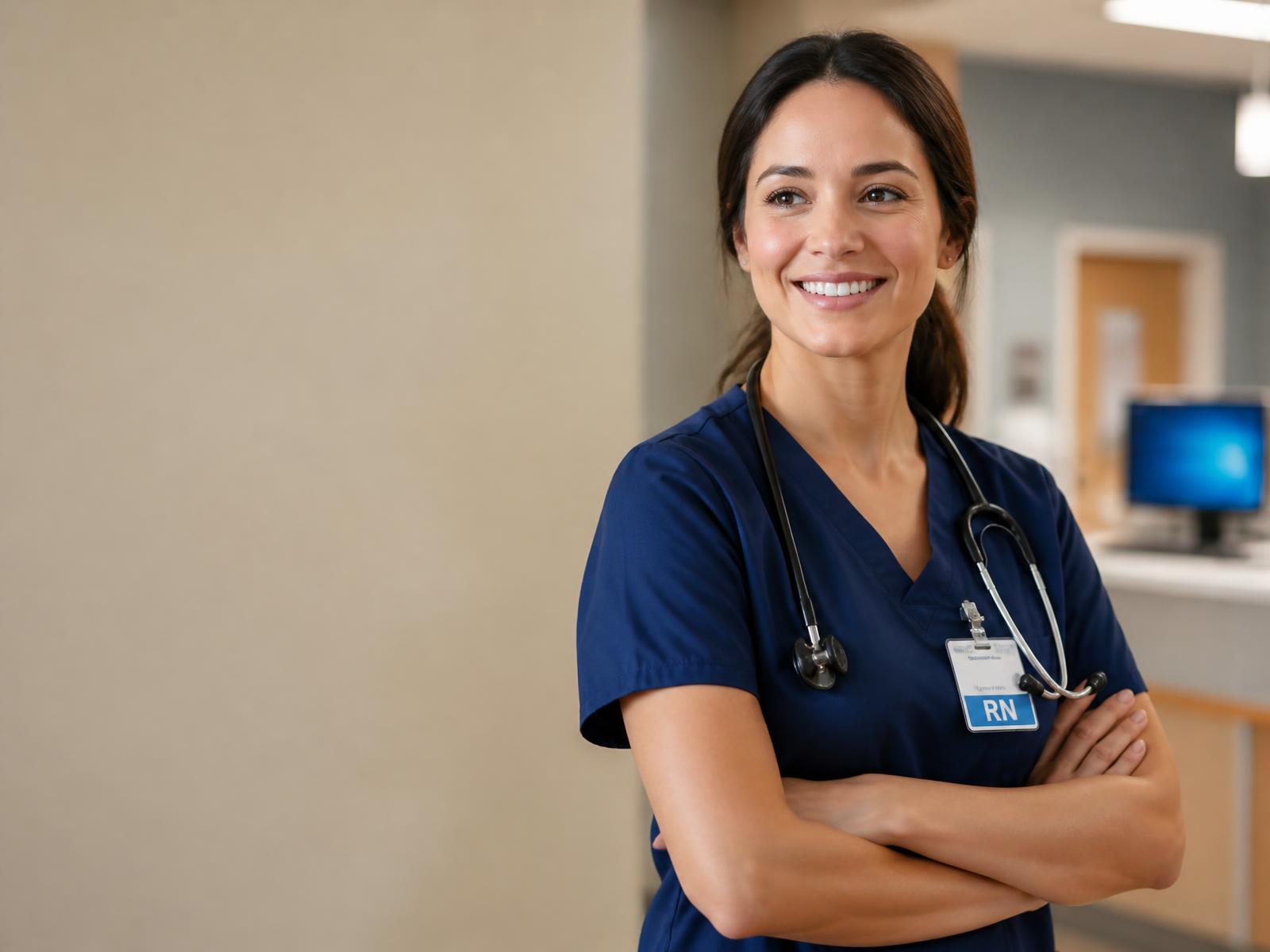 A smiling healthcare professional in navy scrubs standing in a clinic hallway